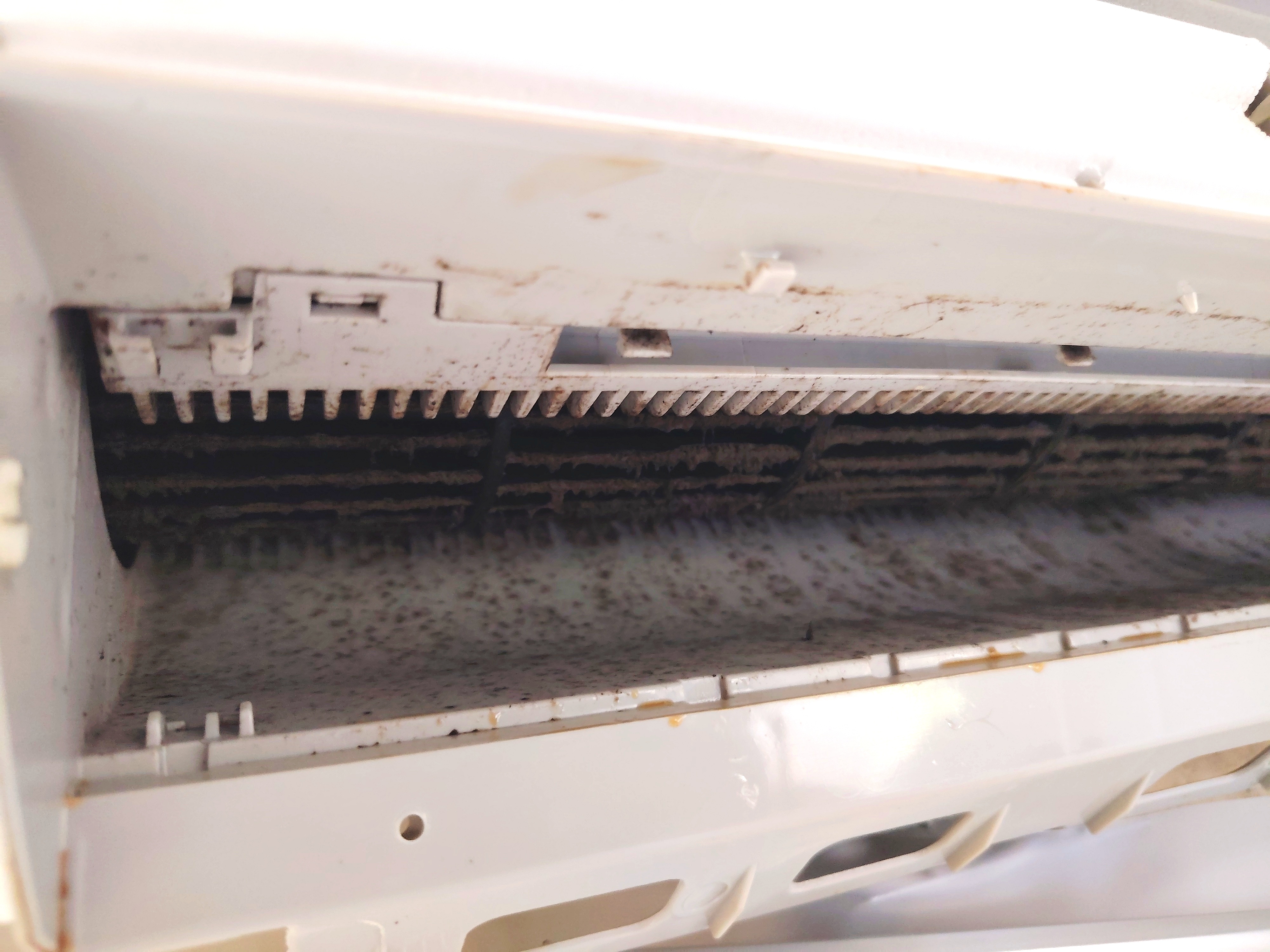 Aircon unit filled with mould before deep clean major service in Kenwyn Cape Town